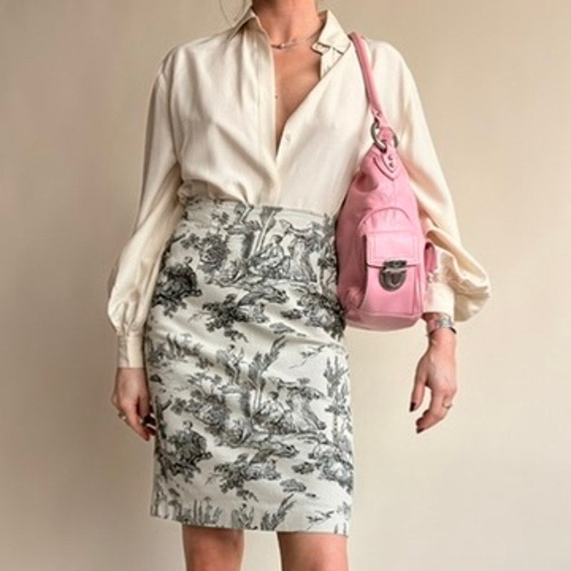 NYC Design Company Toile Pencil Skirt - Black & White Pastoral Scene, Stretchy Cotton, Size 4