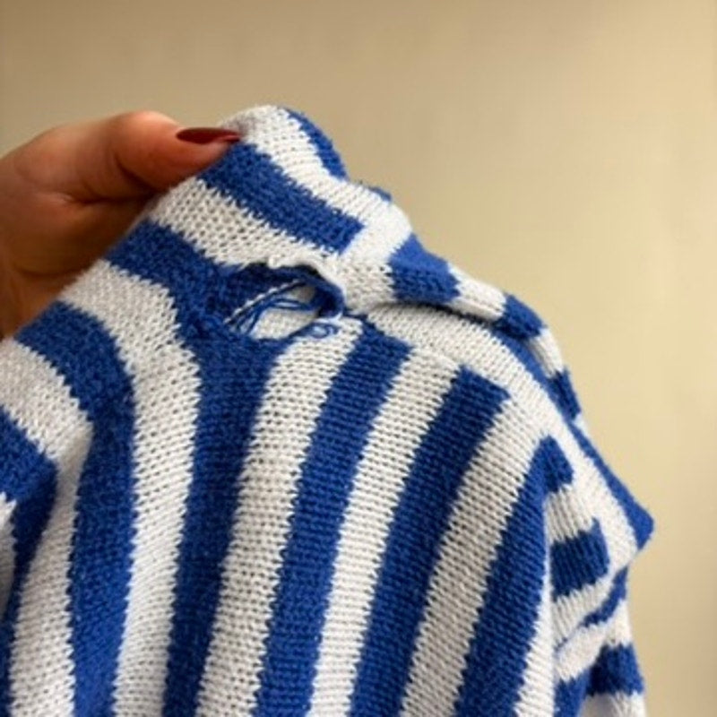 Nantucket Mills Striped Turtleneck - White & Blue, Made in USA, Size M