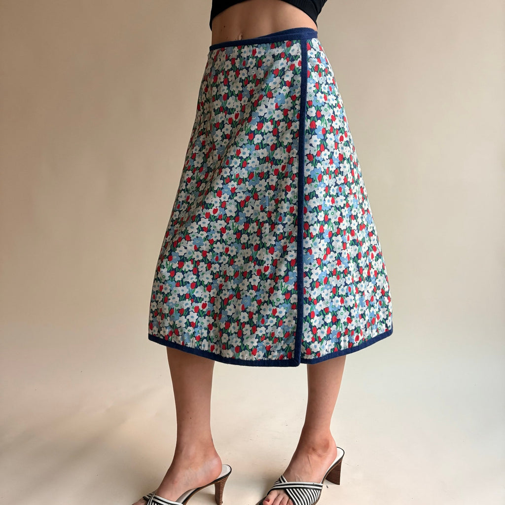 1970s Blue Reversible Floral Wrap Skirt - Navy Reverse, One Size