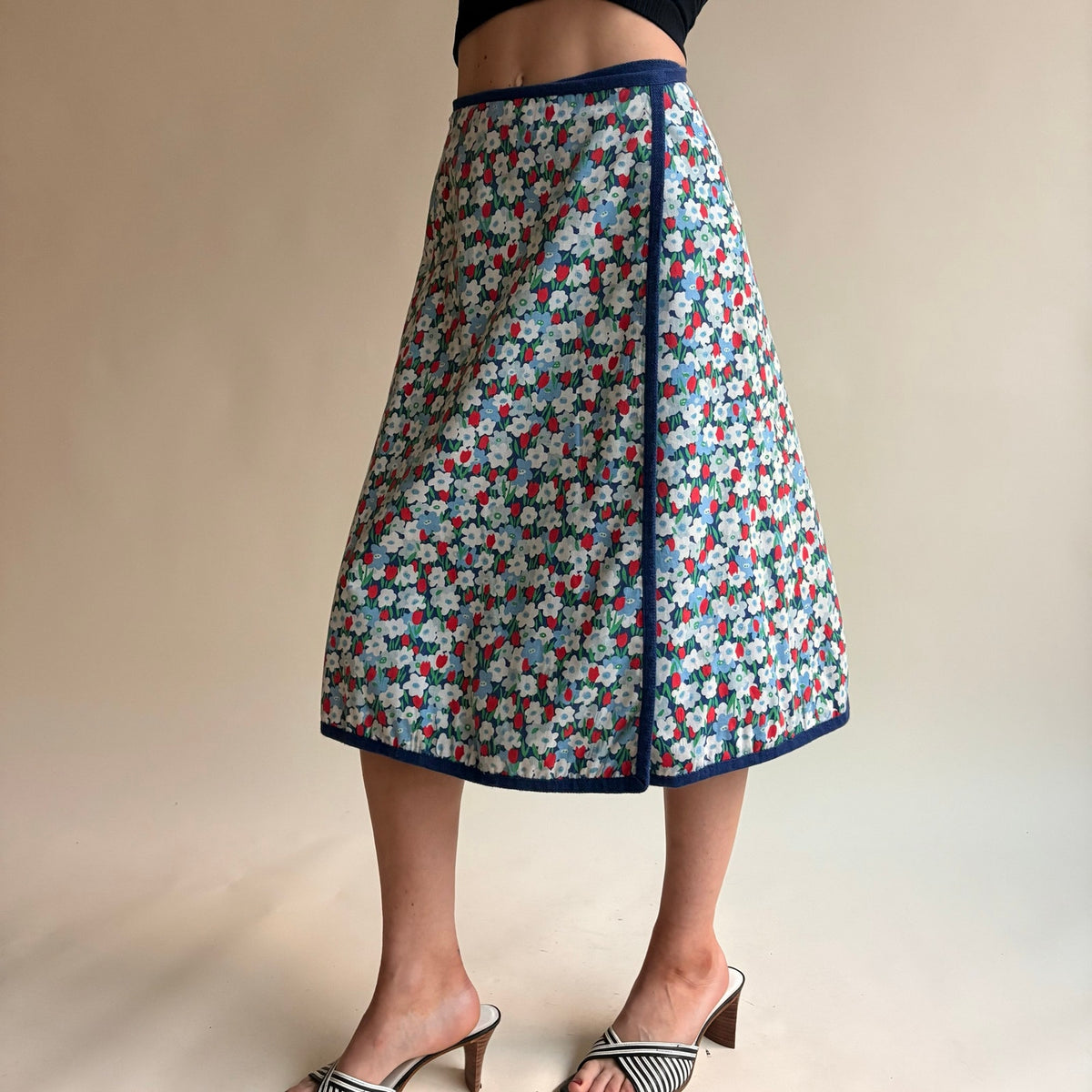 1970s Blue Reversible Floral Wrap Skirt - Navy Reverse, One Size