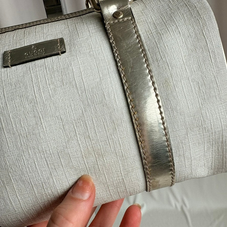 Gucci Small Joy Boston Bag - GG Supreme Canvas, White/Gold, Metallic Silver Trim