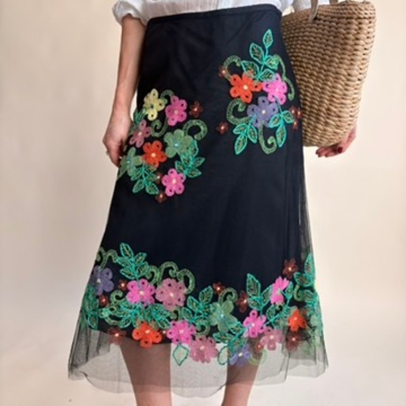 Jǒn Black Tulle Midi Skirt - Multicolor Floral Embroidery, Size 2