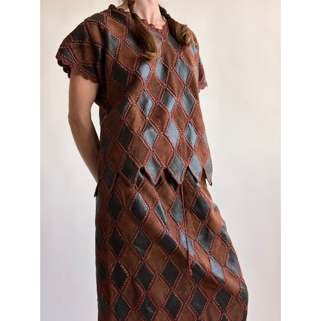Vintage 1970s Handmade Turkish Diamond Patchwork Leather Top