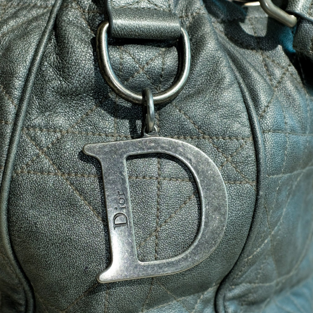 VTG Christian Dior Quilted Lambskin Leather Cannage Drawstring Bucket Bag Silver