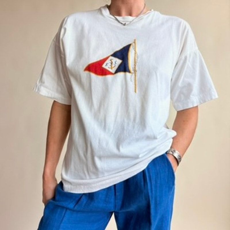J.McLaughlin Nautical Flag T-Shirt - White, 100% Cotton, Made in Italy, (Fits Medium)