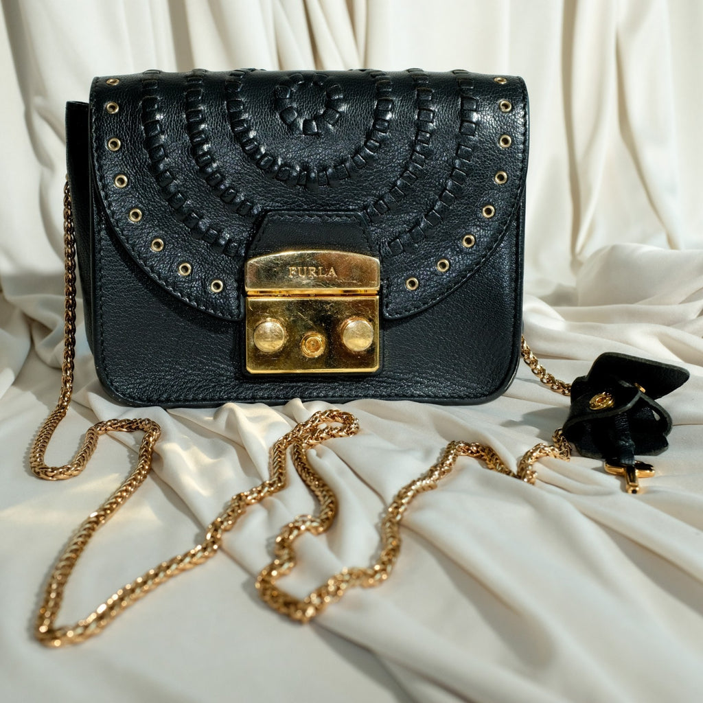 Furla Metropolis Perforated Black Leather Bag - Weave Detail, Gold Hardware