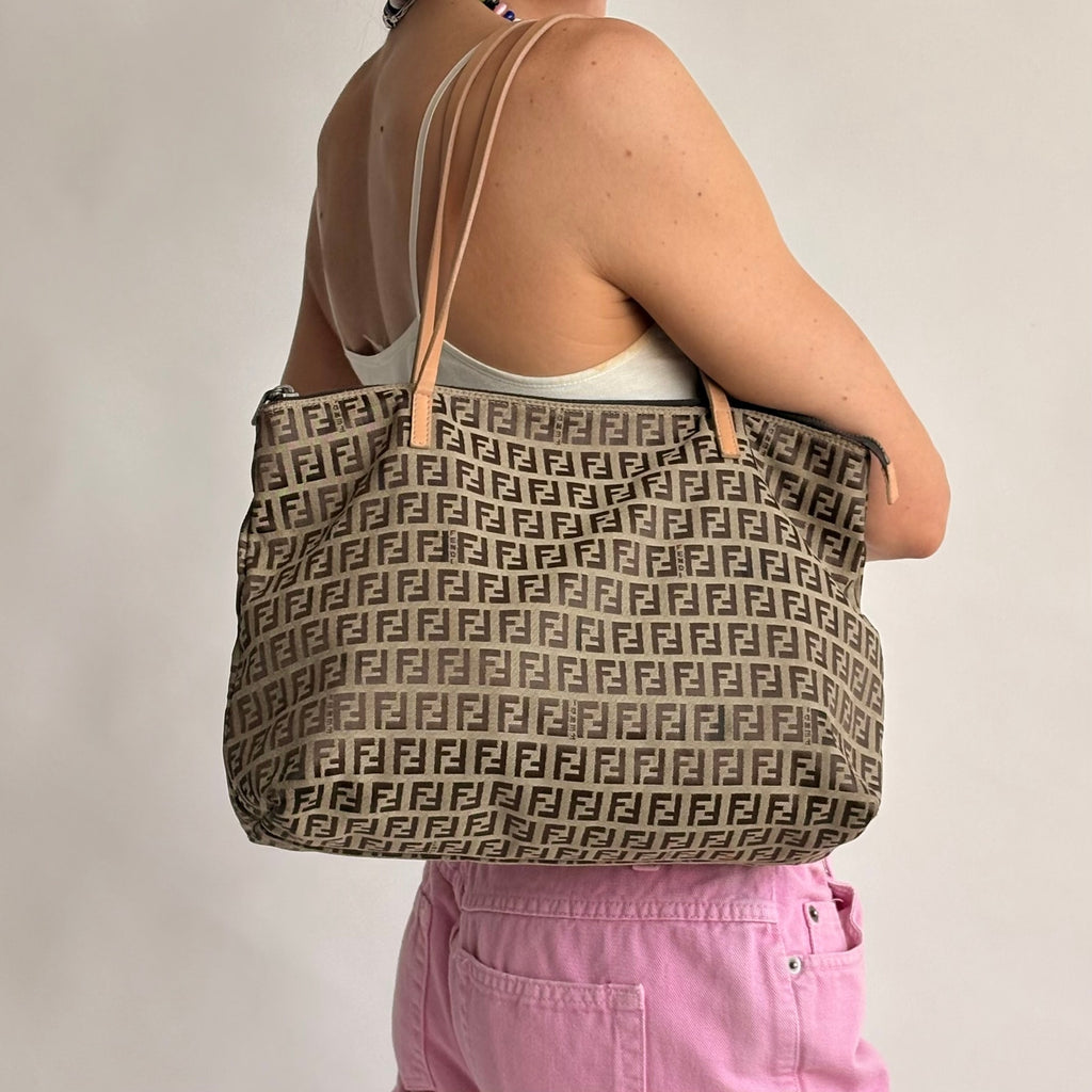 Vintage Fendi Brown and Tan Zucchino Canvas Tote - Early 2000s