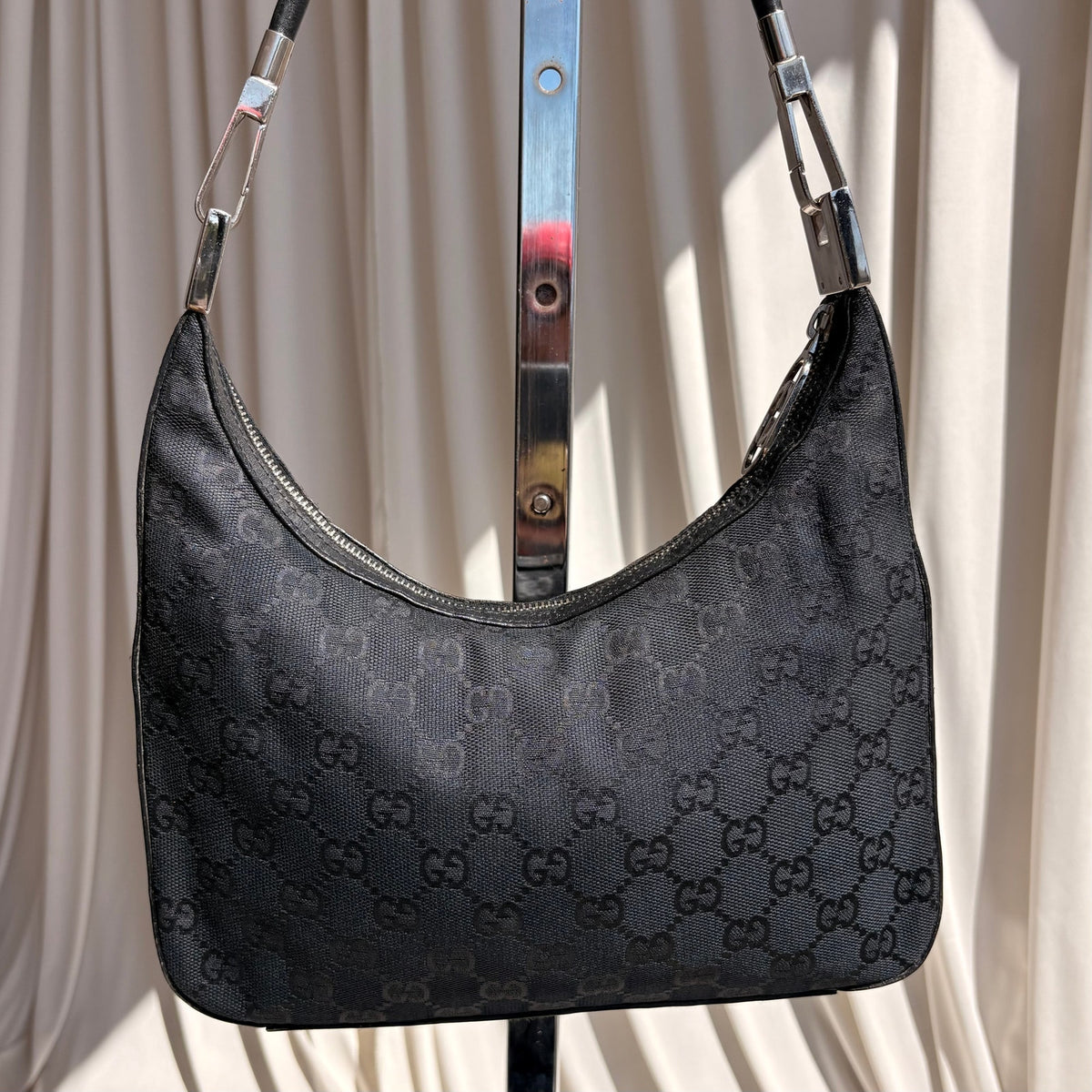 Vintage Gucci Tom Ford Era Black GG Monogram Canvas Hobo Bag Silver Hardware