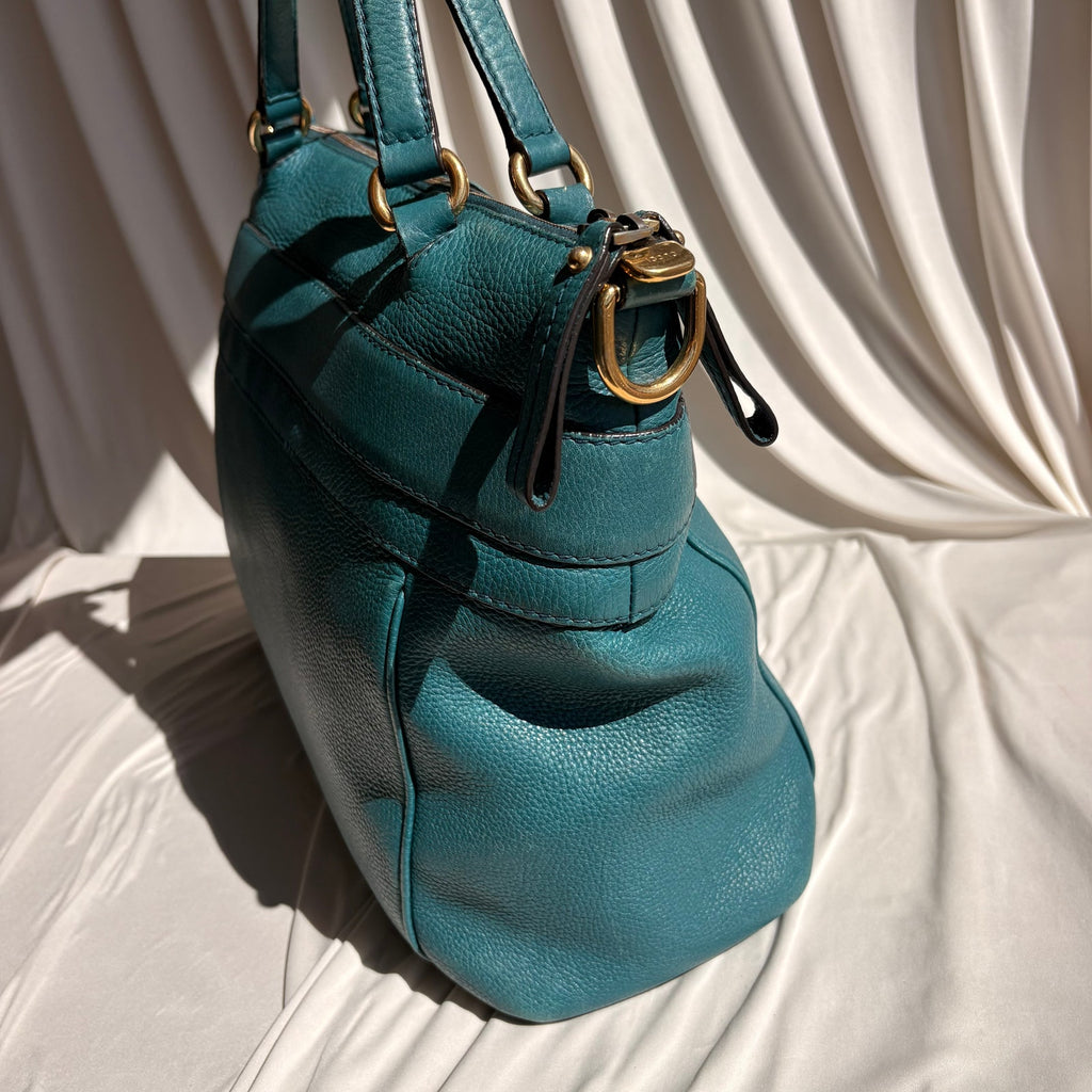 Gucci Medium Ride Top Handle Bag - Teal Pebbled Calfskin Leather, Gold Buckle
