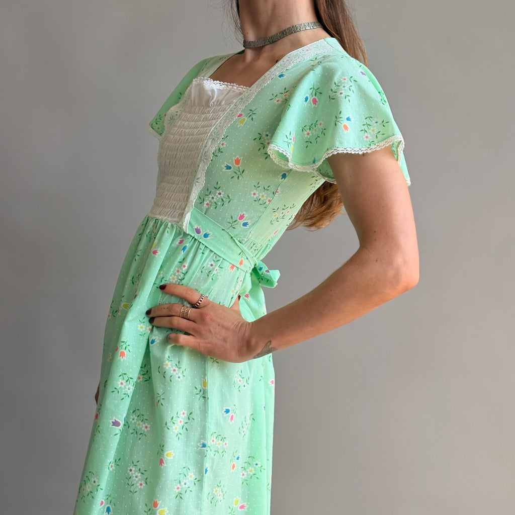 Vintage 70s Sears Growing Girl  Green Floral Prairie Dress - Small