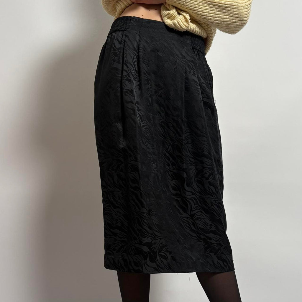 Vintage Silk Black Midi Skirt - small