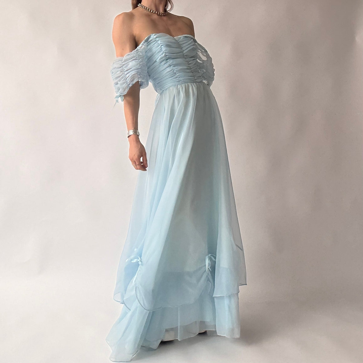 Roberta of California Vintage Powder Blue Ruched Off-Shoulder Gown