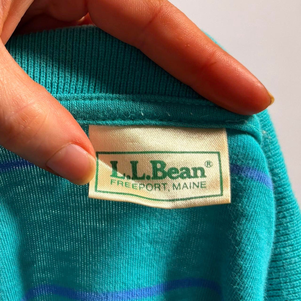 Vintage L.L.Bean Men's Polo - Teal/Blue Stripe, Size Large
