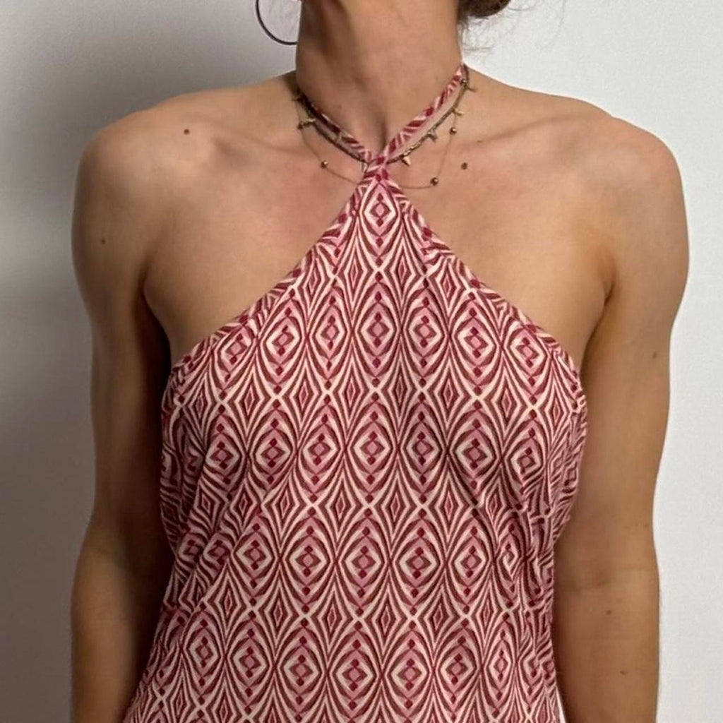 Chloé SS 2001 Pink and White Abstract Mesh Halter Dress - Large