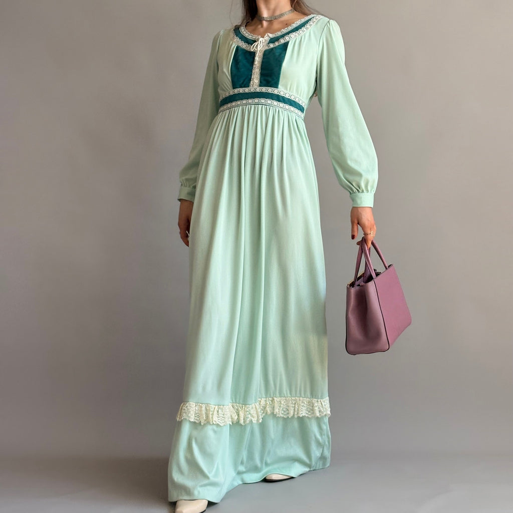 JCPenney Vintage 70s Mint Green Prairie Dress - Lace Trim