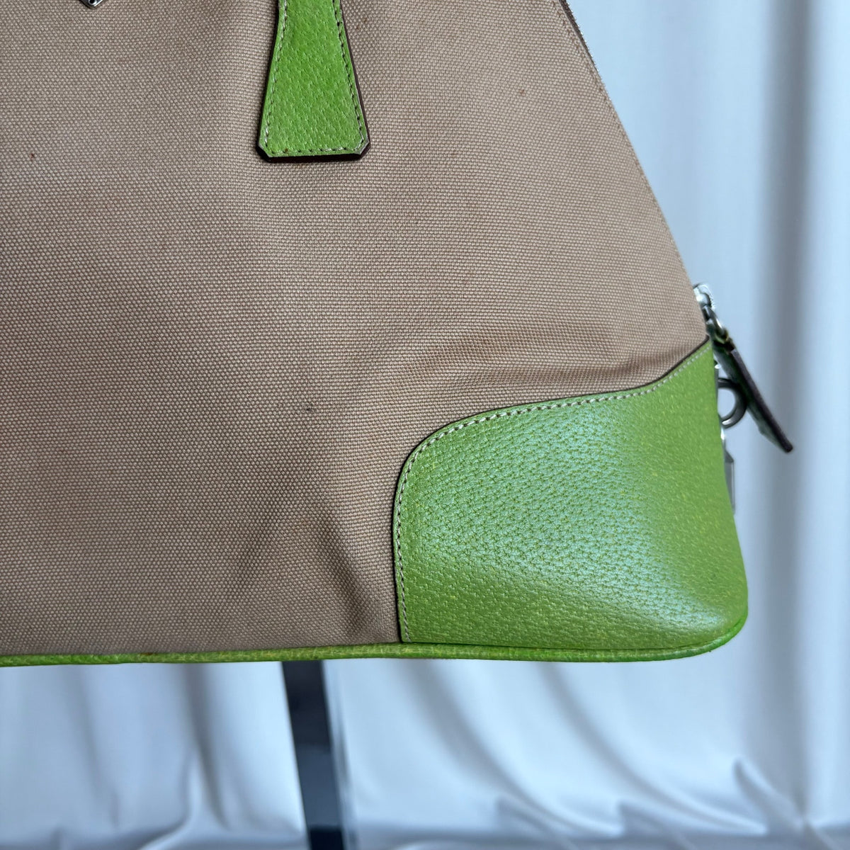 Vintage Prada Beige Canapa Dome & Lime Green Leather Trim Bowling Bag
