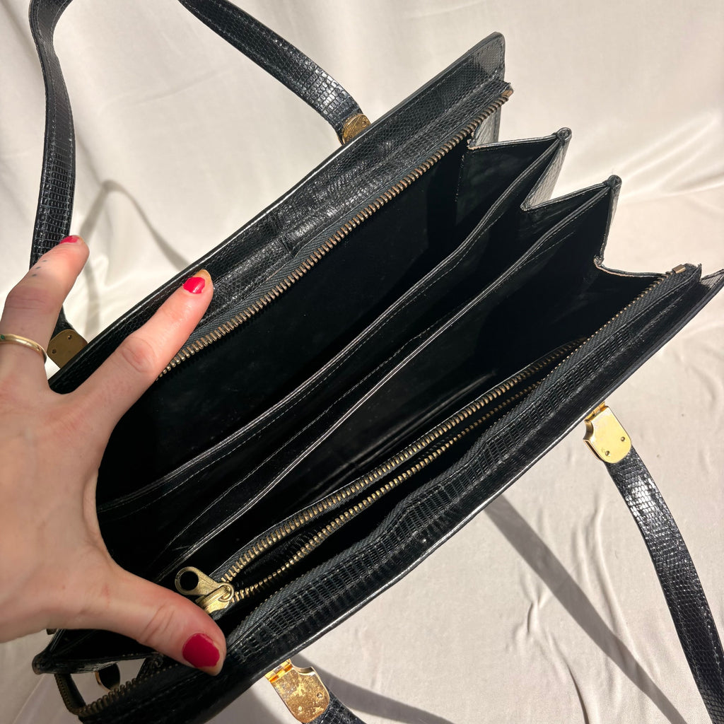 Vintage Loewe Black Patent Croc-Embossed Leather Shoulder Bag