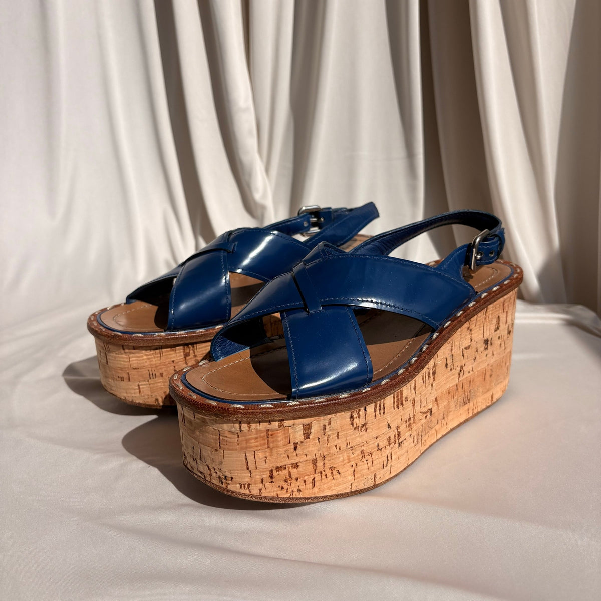 Prada Crisscross Blue Leather Wedge Sandals - EU 38 / US 7