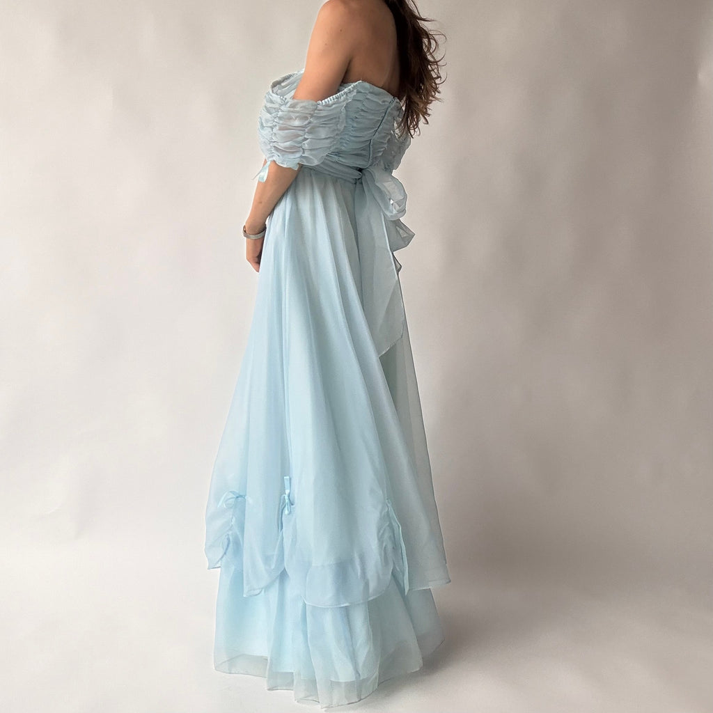 Roberta of California Vintage Powder Blue Ruched Off-Shoulder Gown
