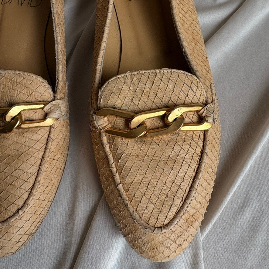Joan & David Reptile Skin Loafers - Tan Beige, Gold Chain Detail, Size 7.5