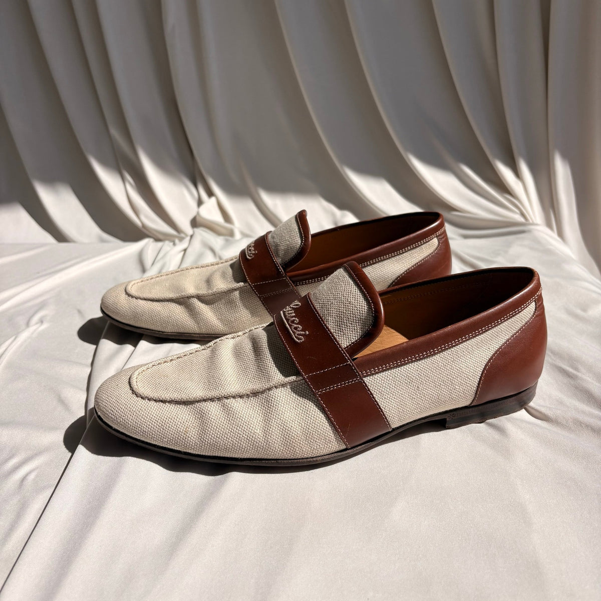 Vintage Gucci Slip-On Loafers - Cream Canvas, Brown Leather, EU 39