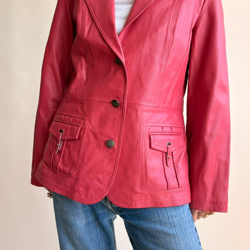 Pamela McCoy Raspberry Pink Leather Moto Jacket - Size Small