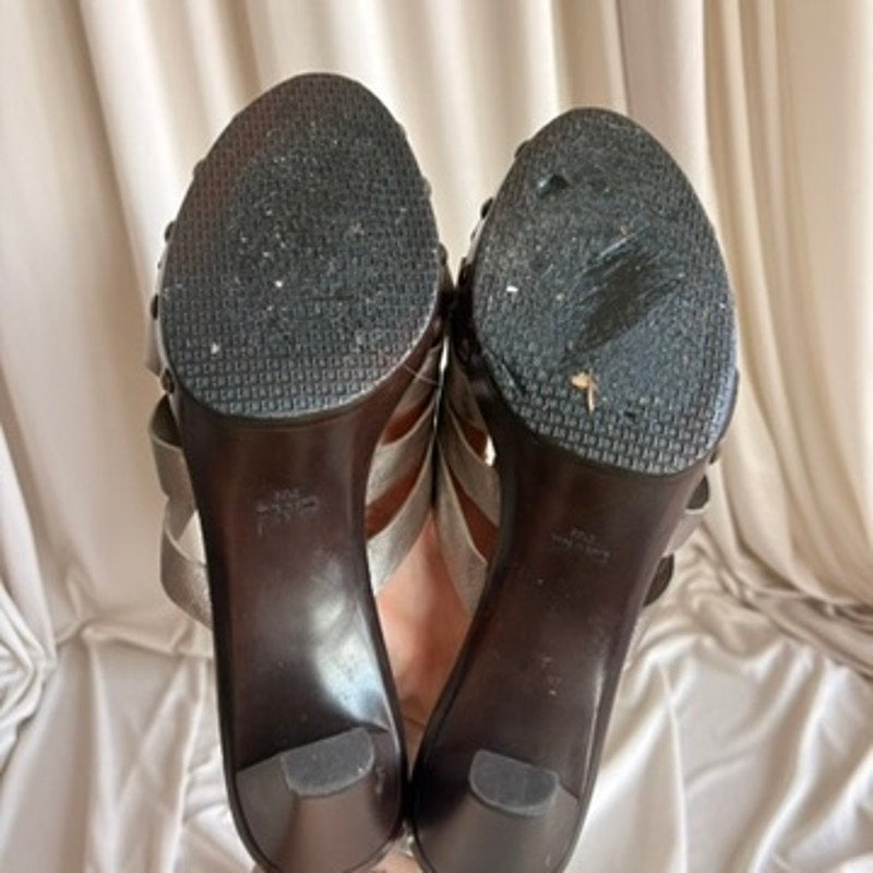 Stuart Weitzman Metallic Woven Mules - Studded Wooden Sole, Platform, Size 10