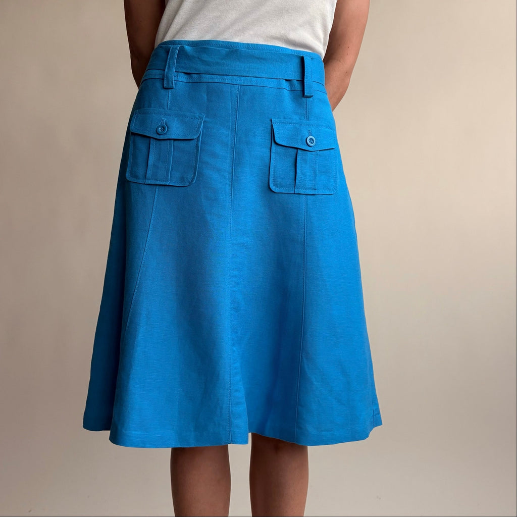 Ann Taylor Turquoise A-Line Skirt - Linen Blend, Utility Pockets, Belt, Size 0