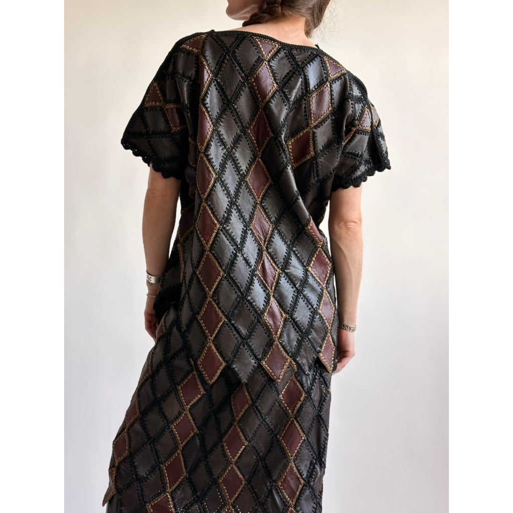 Vintage 1970s Handmade Turkish Diamond Patchwork Leather Top