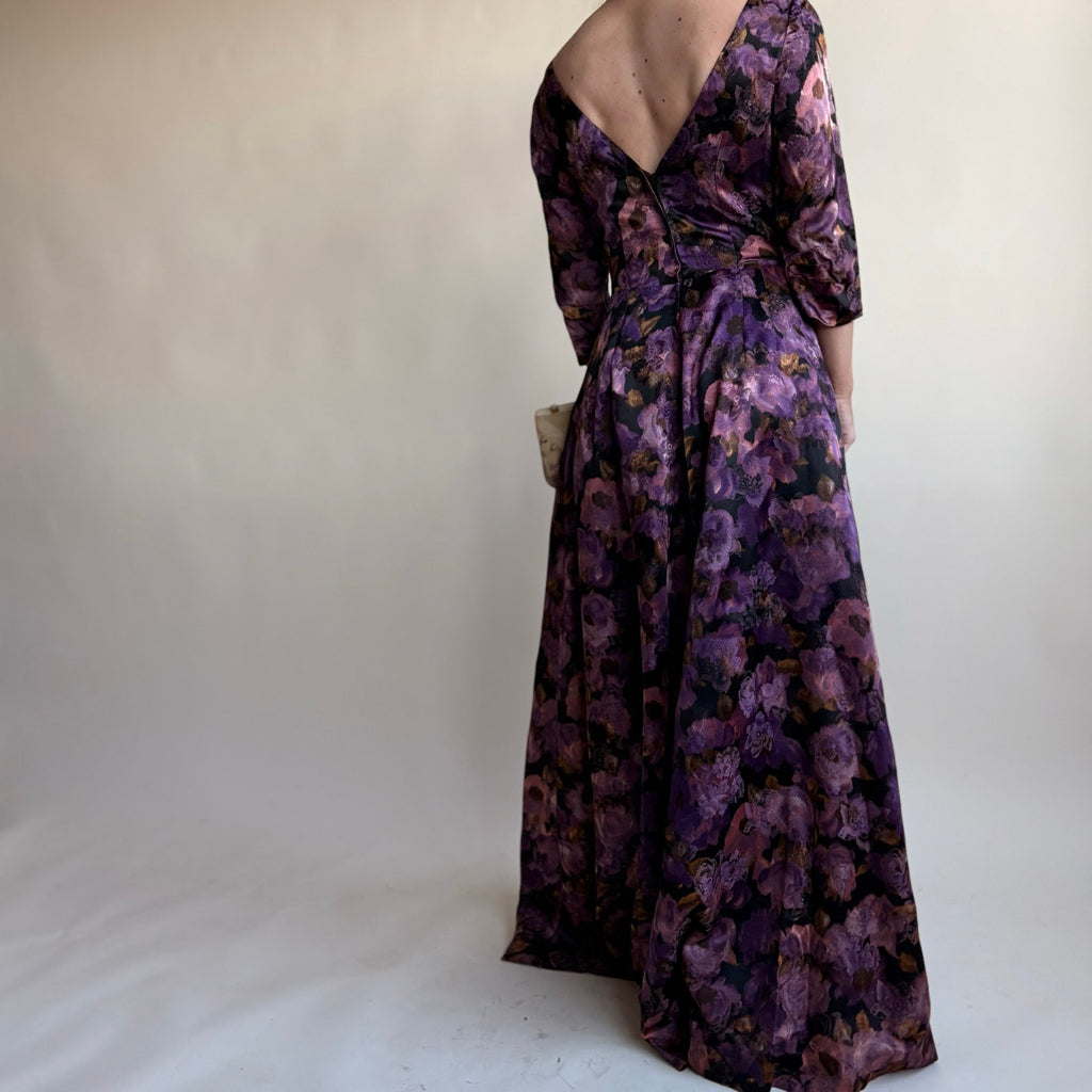 Dark Purple Floral Jacquard Maxi Gown - Boat Neck, Handmade, Fits Size 2