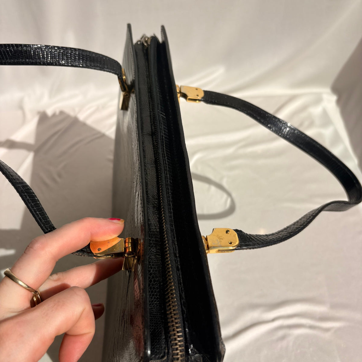 Vintage Loewe Black Patent Croc-Embossed Leather Shoulder Bag