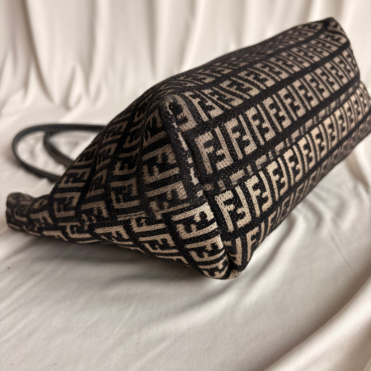 Vintage Fendi Zucchino Roll Tote - Black & Tan Textured Canvas
