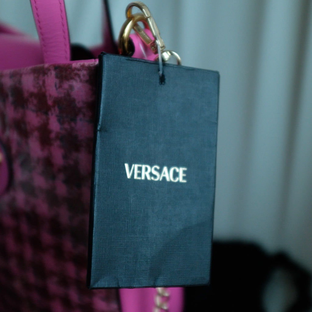 Versace La Medusa Calfskin Vinyl Mini Houndstooth Tote Bag Pink Multicolor Bag