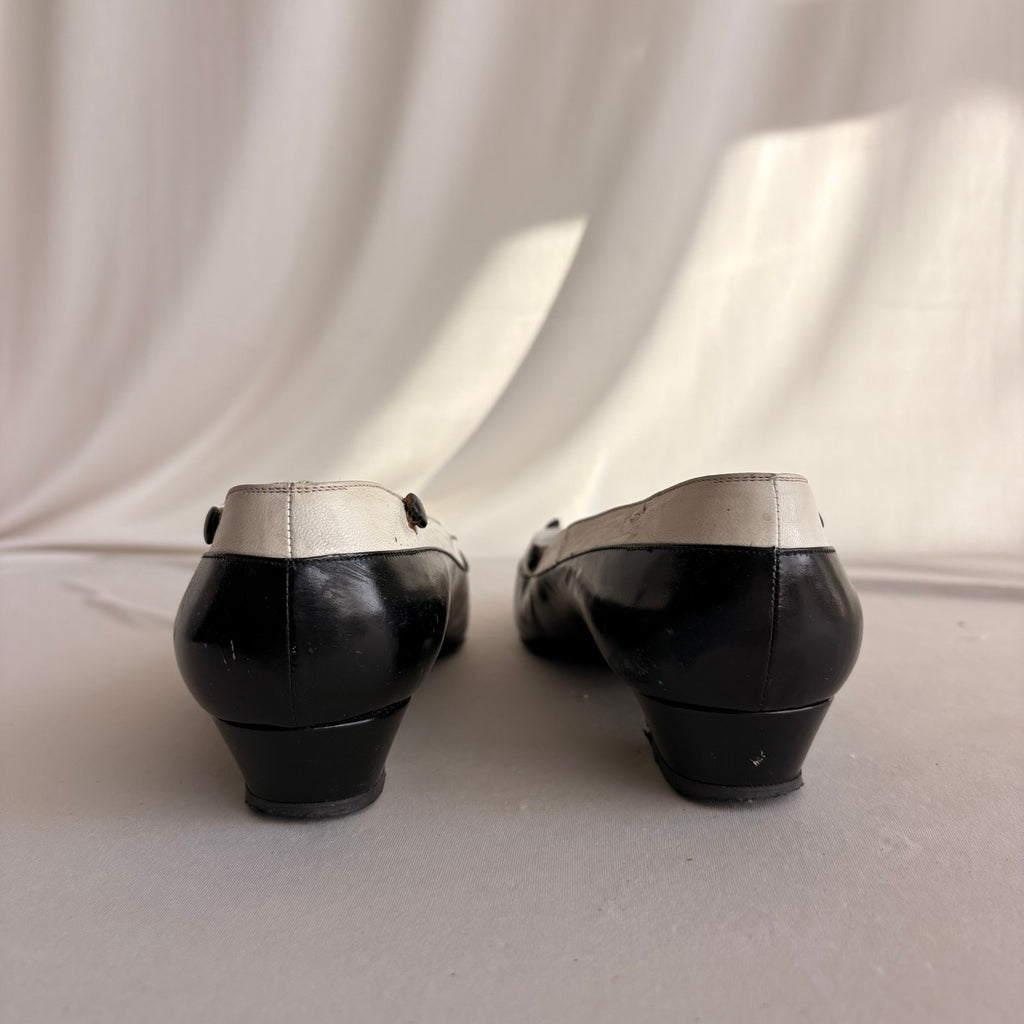 Vintage Delman Black & White Leather Low Block Heels - Button Detail, 1" Heel