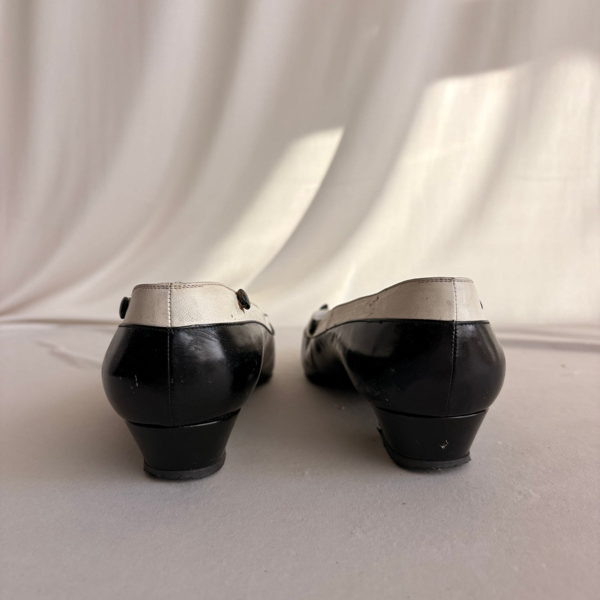 Vintage Delman Black & White Leather Low Block Heels - Button Detail, 1" Heel