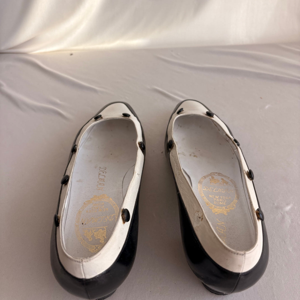 Vintage Delman Black & White Leather Low Block Heels - Button Detail, 1" Heel
