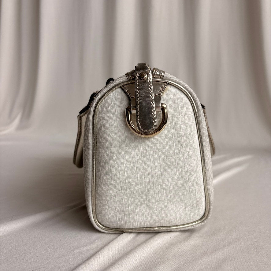 Gucci Small Joy Boston Bag - GG Supreme Canvas, White/Gold, Metallic Silver Trim