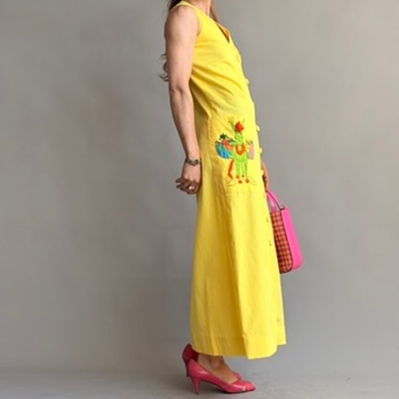 Jamaica Dowry Vintage 70s Yellow Maxi Dress - Hand Embroidered Donkey - Small