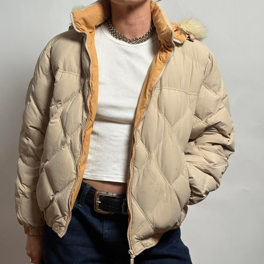Cream Quilted Cropped Puffer Jacket w/ hood - Small