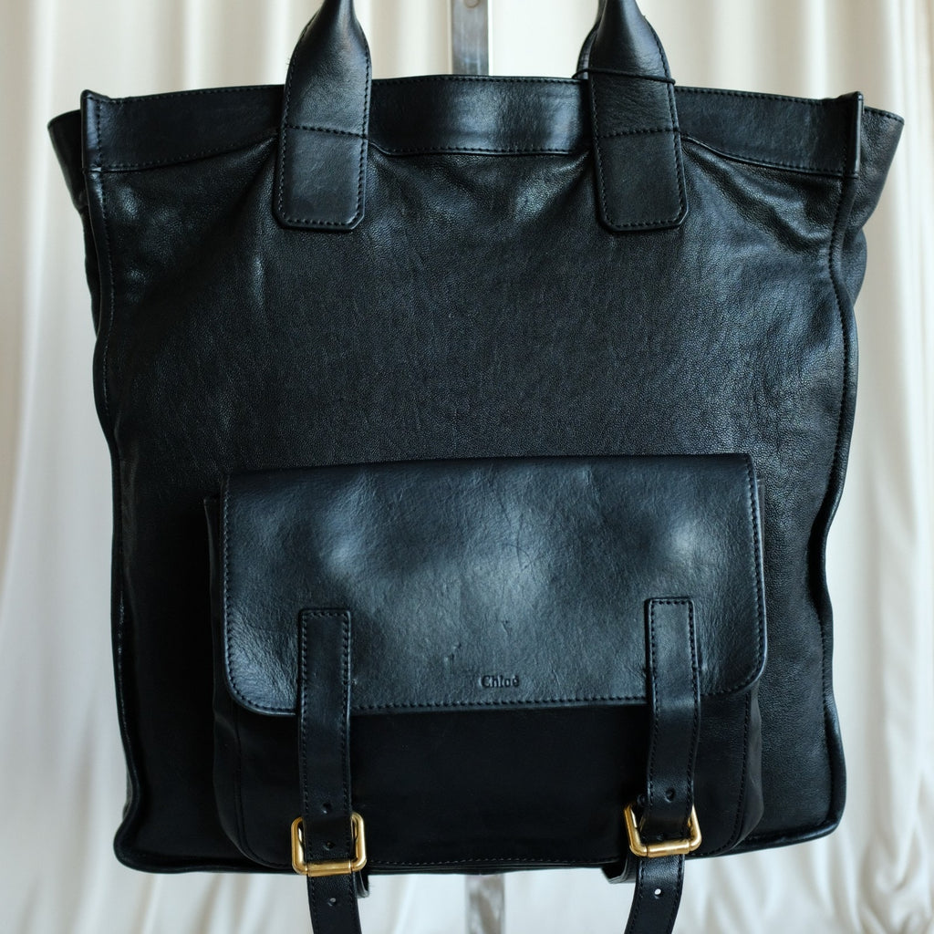 Chloe Black Calfskin Leather Tote, Removable Front Pouch