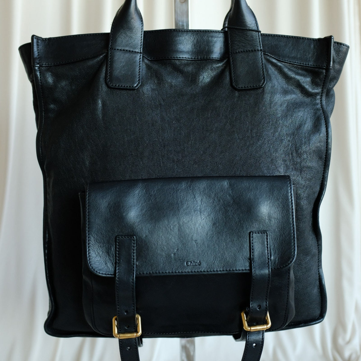 Chloe Black Calfskin Leather Tote, Removable Front Pouch