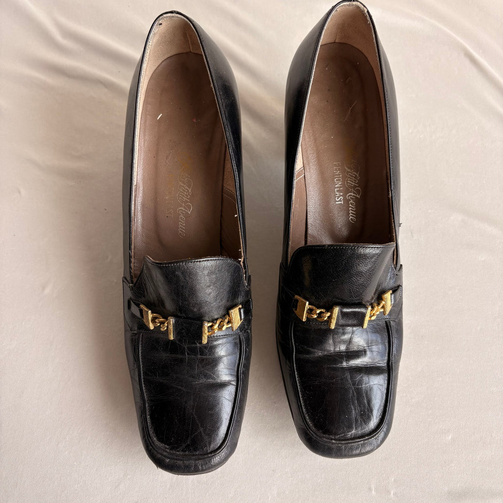 Vintage Saks Fifth Ave Black Leather Heeled Loafers - Block Heel, Square Toe