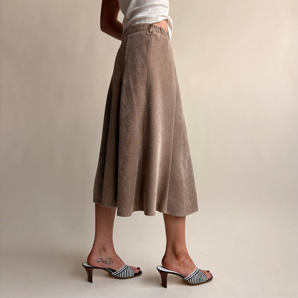 Edinburgh Woolen Mills Taupe A-Line Midi Skirt - Elastic Panel Waist, Size Small