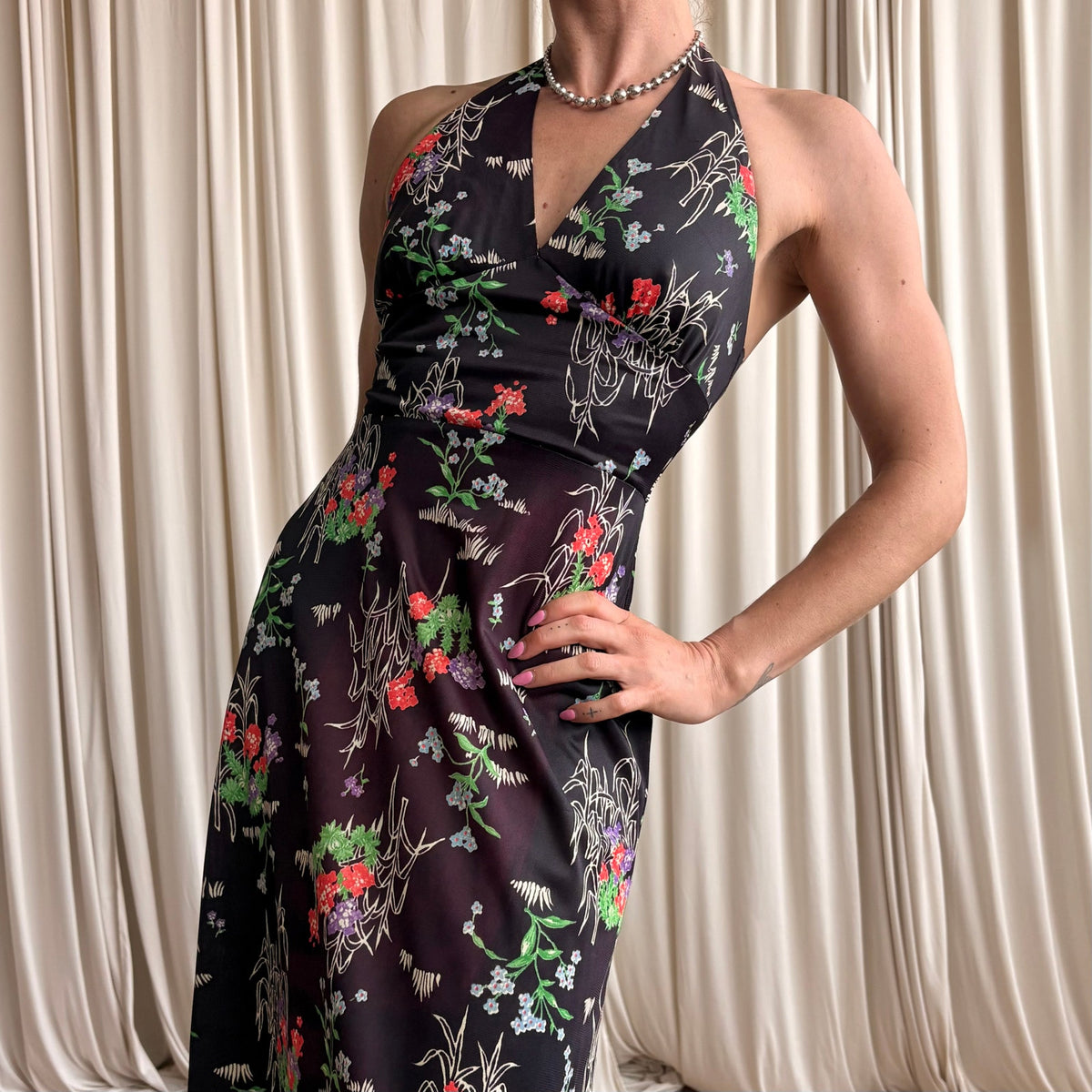 Leslie J 70s Black Floral Halter Maxi - Vintage Romantic, Fits Small