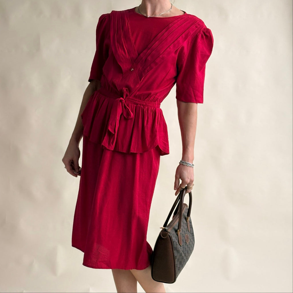 South Bay Vintage Red Wrap Peplum Dress - Pleated Detail, Tie Waist