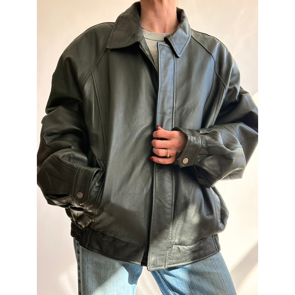 Vintage 90s North Crest Black Leather Bomber Jacket -large