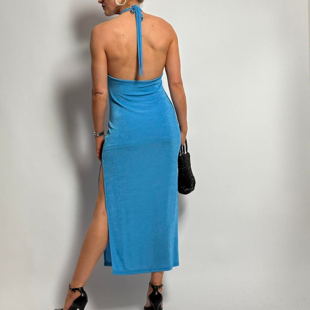 Blue Halter Dress w/ Leg Slit & Tie Detail - Size Small