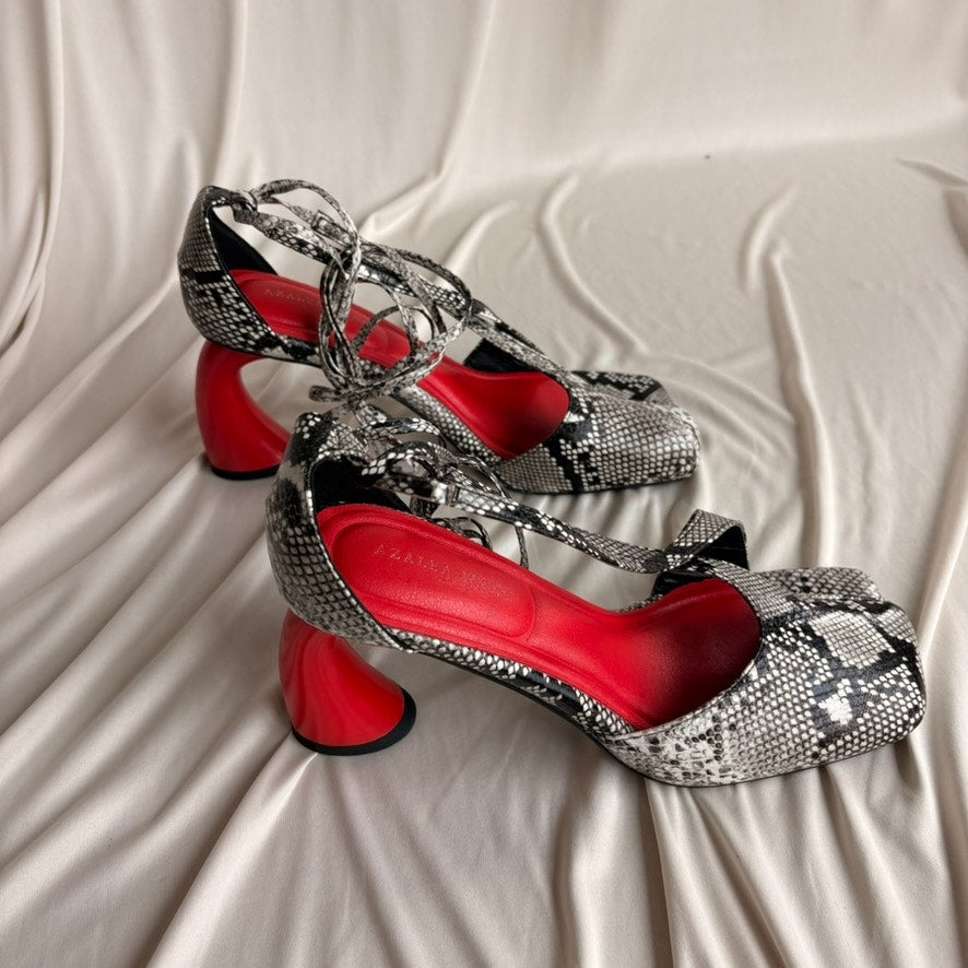 Azalea Wang Buiky Snake Print Curved Heel Pumps - Red Heel, Size 8.5
