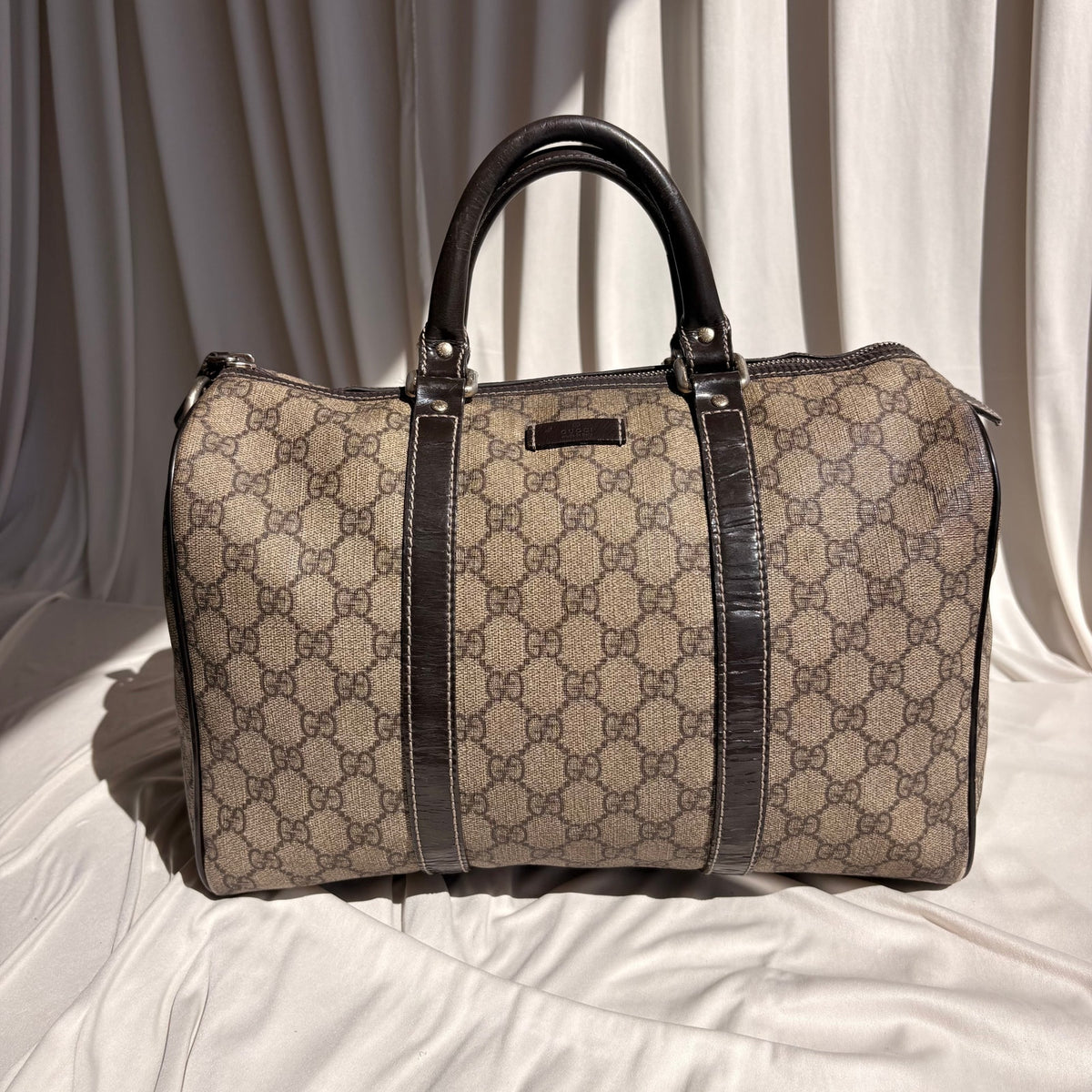 Gucci Joy Boston Bag - GG Supreme Coated Canvas, Dark Brown Patent Leather Trim