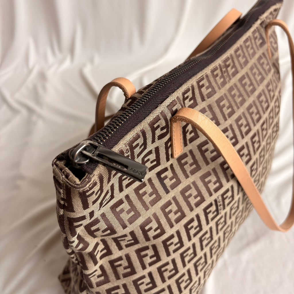 Vintage Fendi Brown and Tan Zucchino Canvas Tote - Early 2000s
